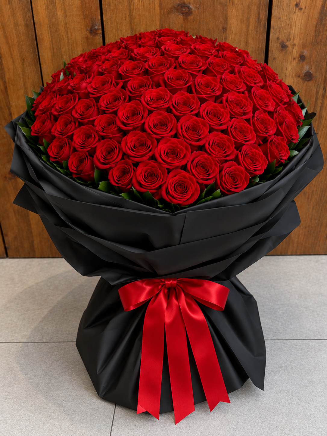 300 Red Roses Bouquet in Black Wrap