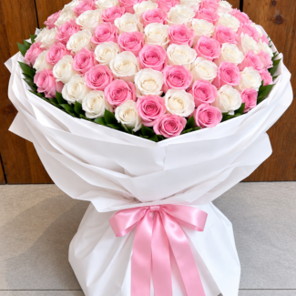 300 Pink & White Roses Bouquet in White Wrap