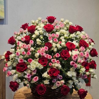 Red, Pink & White Roses Basket