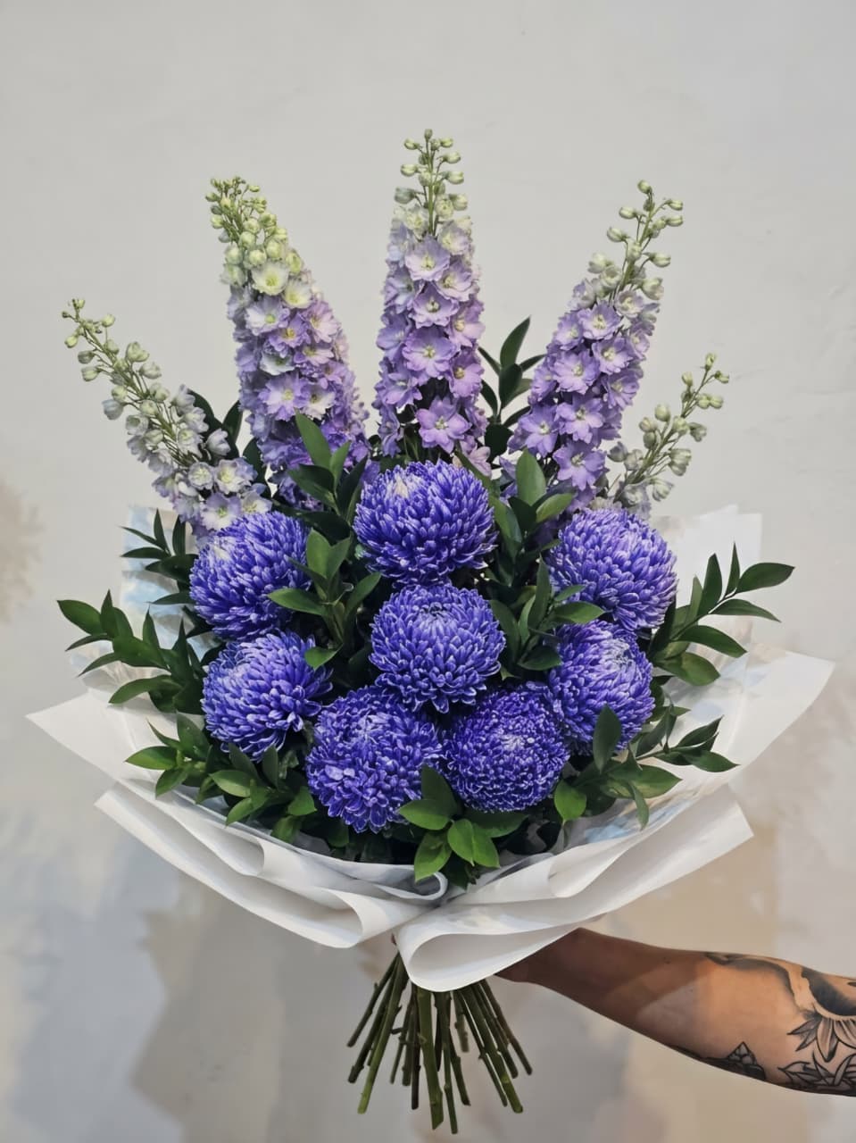 Purple Chrysanthemum & Delphinium Bouquet