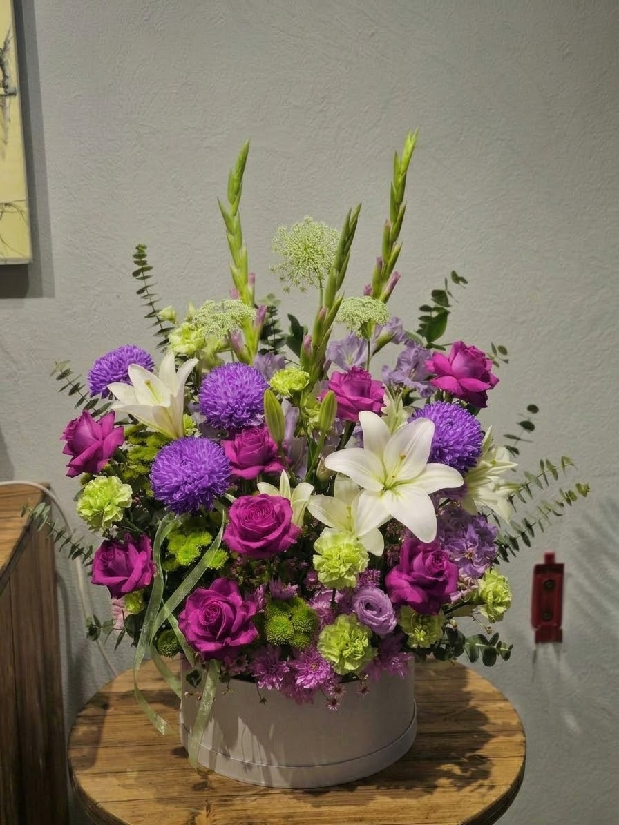 Purple Lily & Gladiolus Box Arrangement