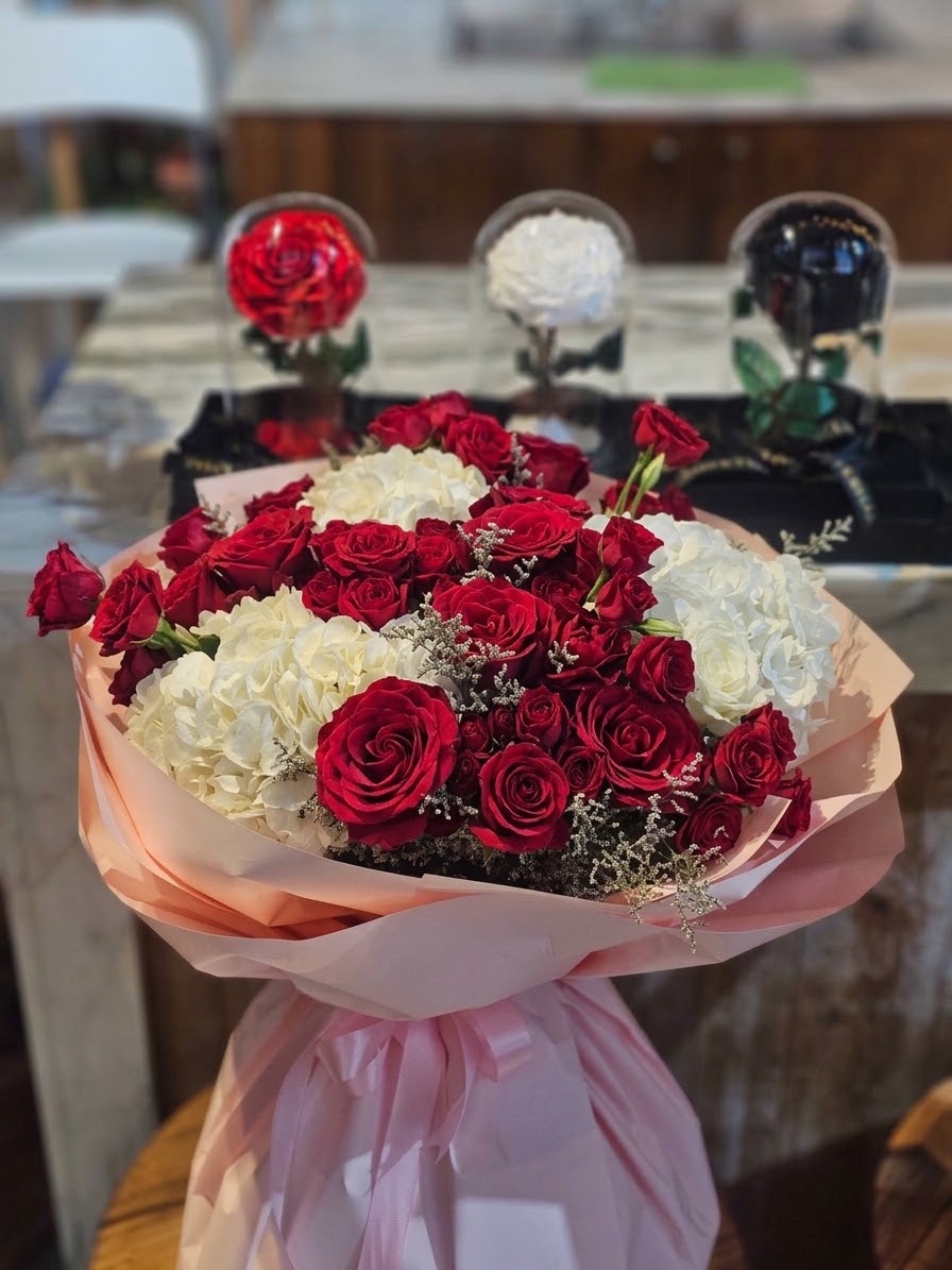 Red Roses & White Hydrangea Bouquet