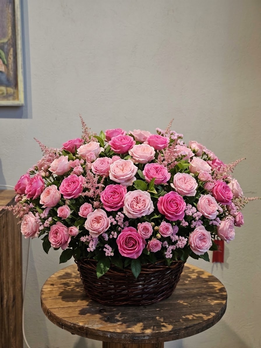 Red & White Baby Roses Basket